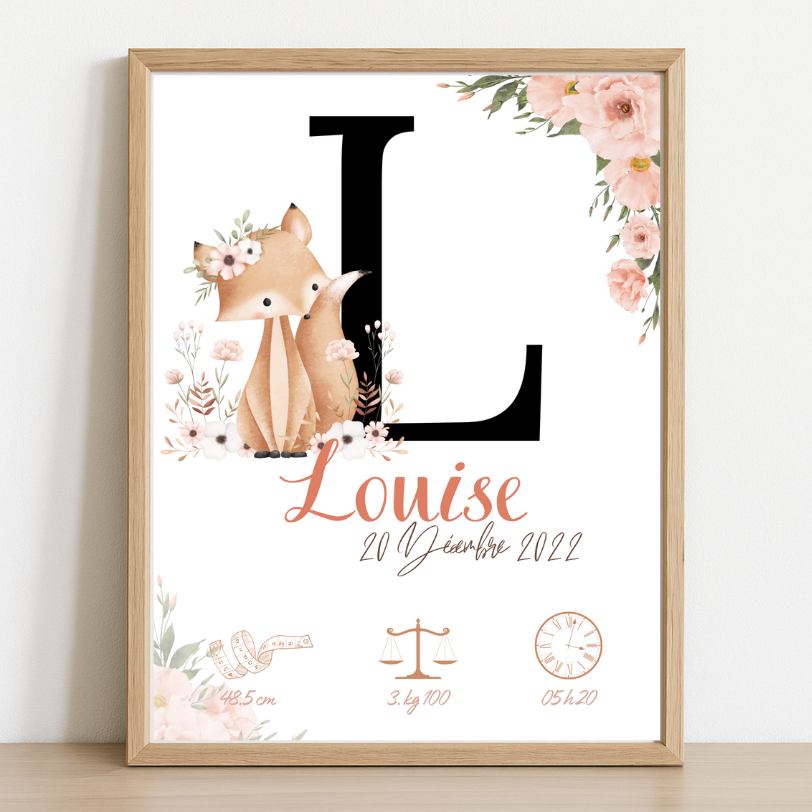 Affiche de naissance personnalisée – Modèle Renard & Fleurs
