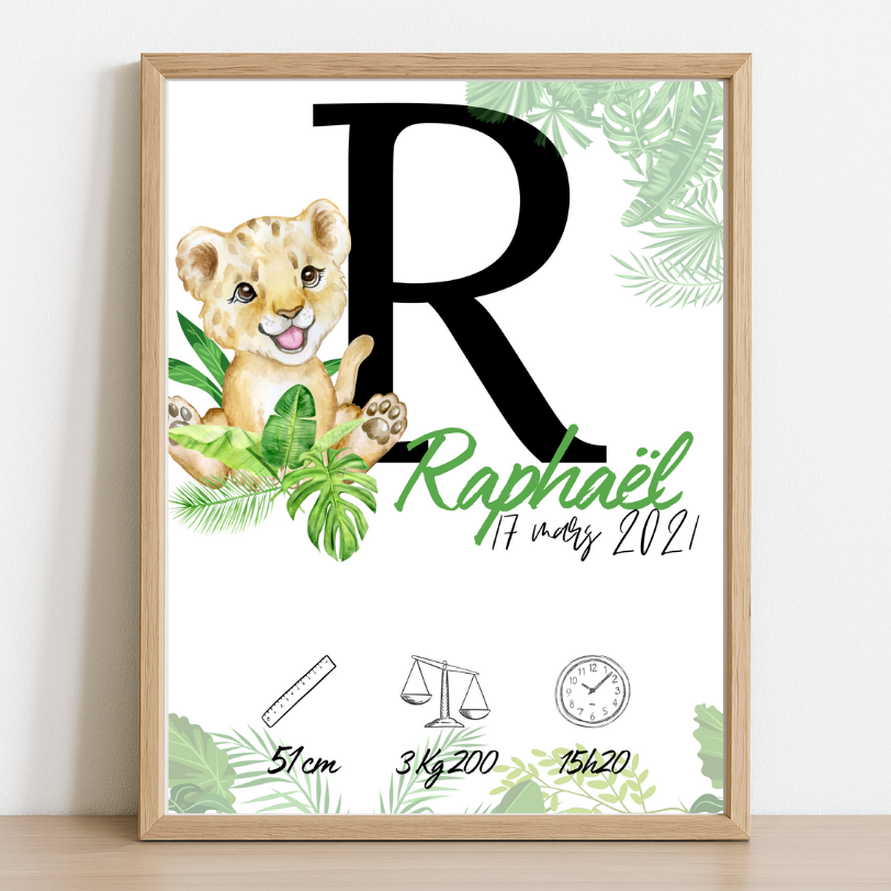 Affiche de naissance personnalisée – Modèle Lionceau Jungle
