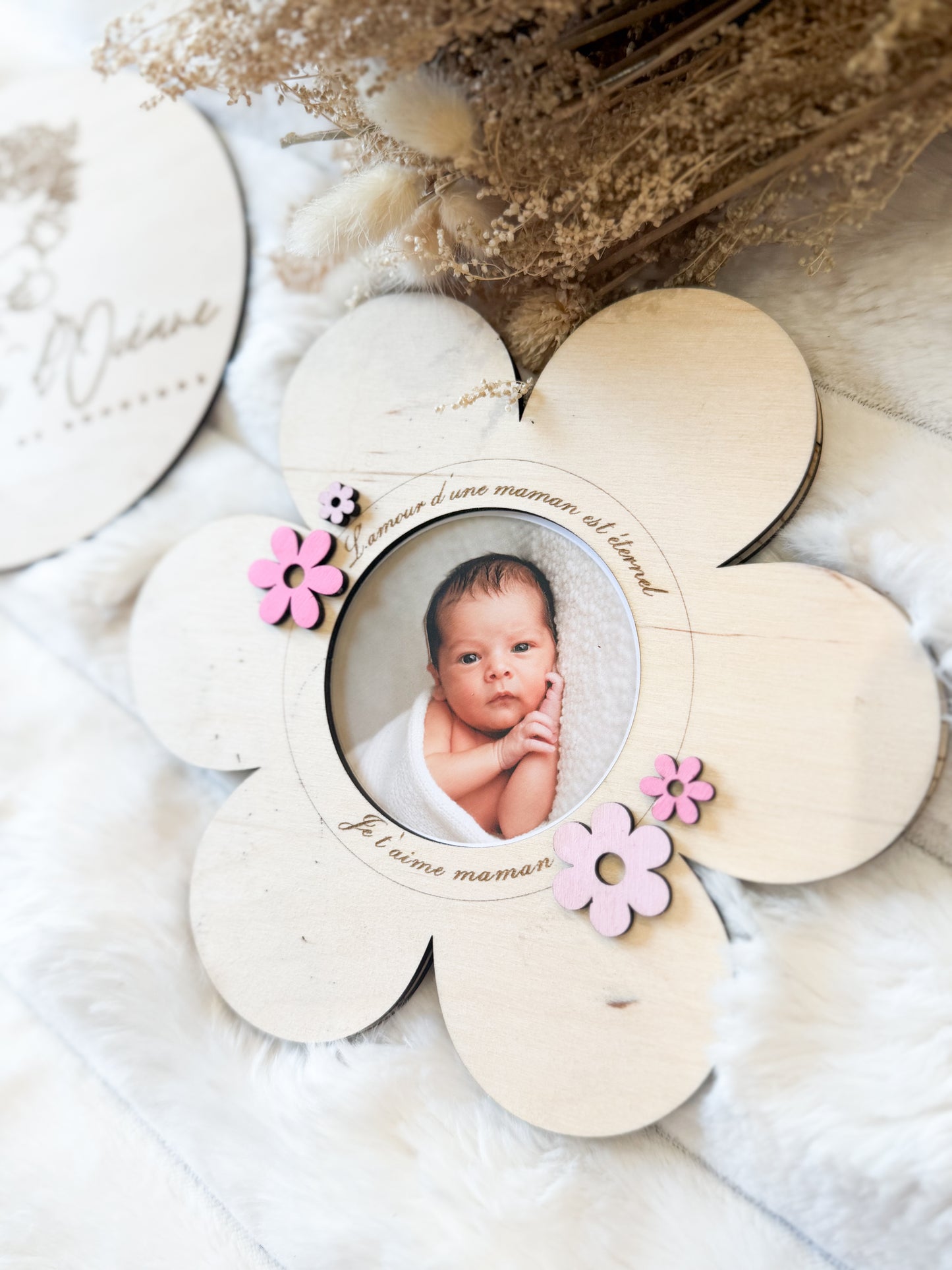 Cadre Photo Fleur Personnalisé en Bois – Souvenir Bébé & Cadeau Maman