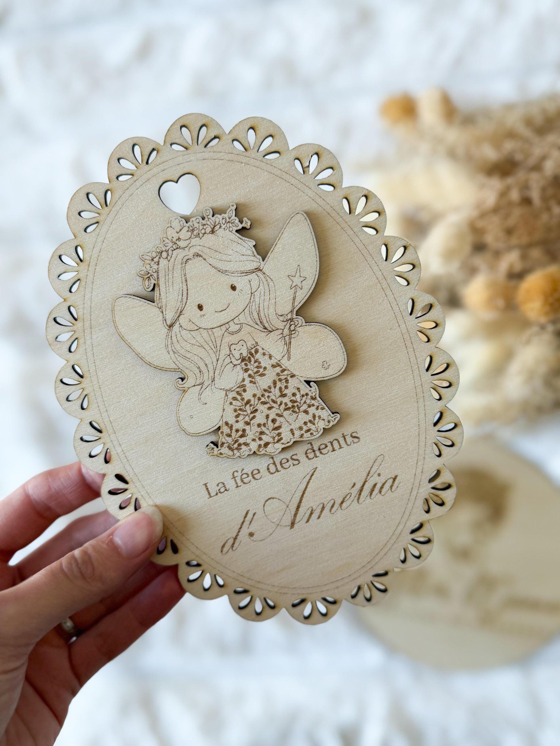 Plaque en bois personnalisée Fée des Dents avec prénom Amélia gravé