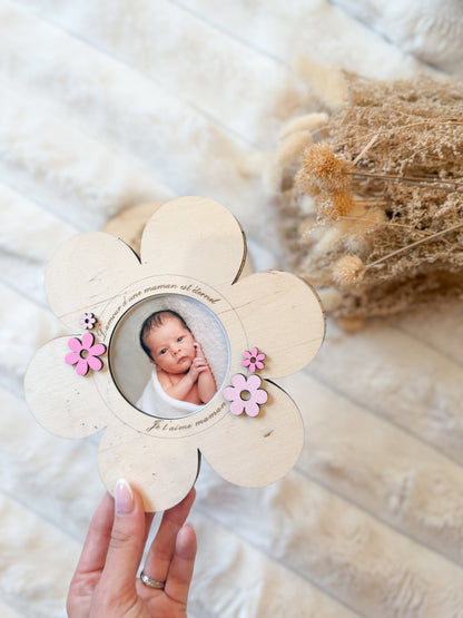 Cadre Photo Fleur Personnalisé en Bois – Souvenir Bébé & Cadeau Maman
